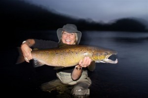 Carol Fargher with her first salmon at Ledges in Doaktown, NB on the Main Southwest Miramichi River