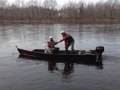 Janet MacLaren with guide Lloyd Lyons and nice spring salmon in front of Ledges