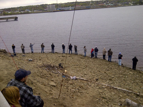 Striped Bass anglers near the Old Morrissy Bridge on the Chatham Head side of City of Miramichi. Photo by Kendall Sturgeon