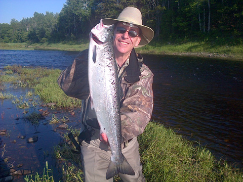 Dave Sawler from Fredericton with a 22.5" grilse. Dave, who is fishing below Boiestown, caught a total of 6 fish in 3 days, 5 landed.